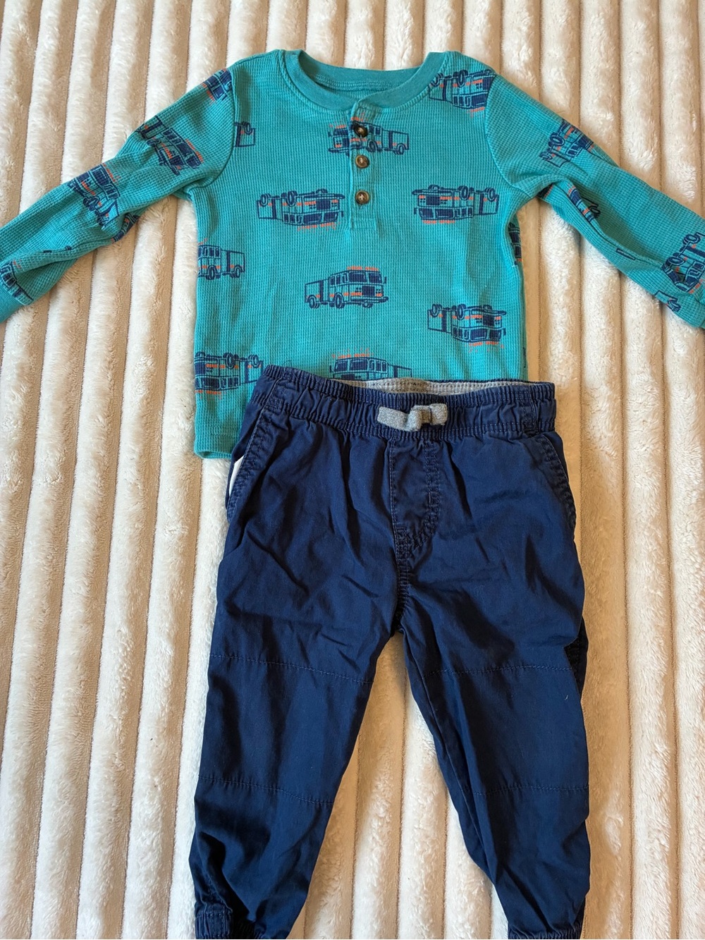 Carter’s 12M Fire Truck Outfit Set Thermal Shirt Navy Joggers Toddler